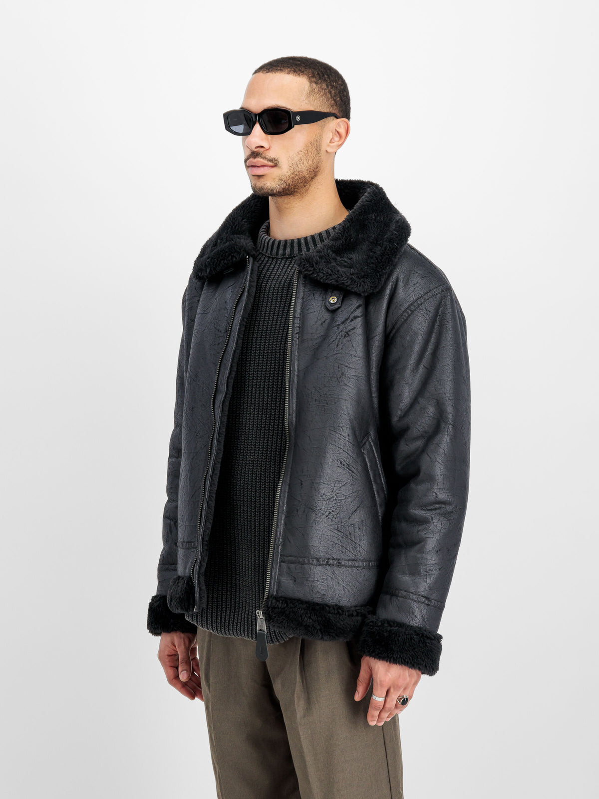 ALPHA INDUSTRIES - B-3 Faux Leather Bomber Jacket Black