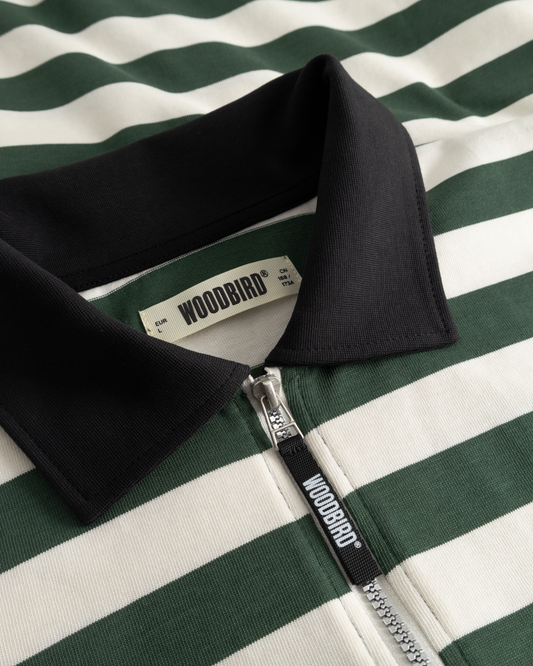 WOODBIRD - WBHiro LS Stripe Zip Polo Pine Green